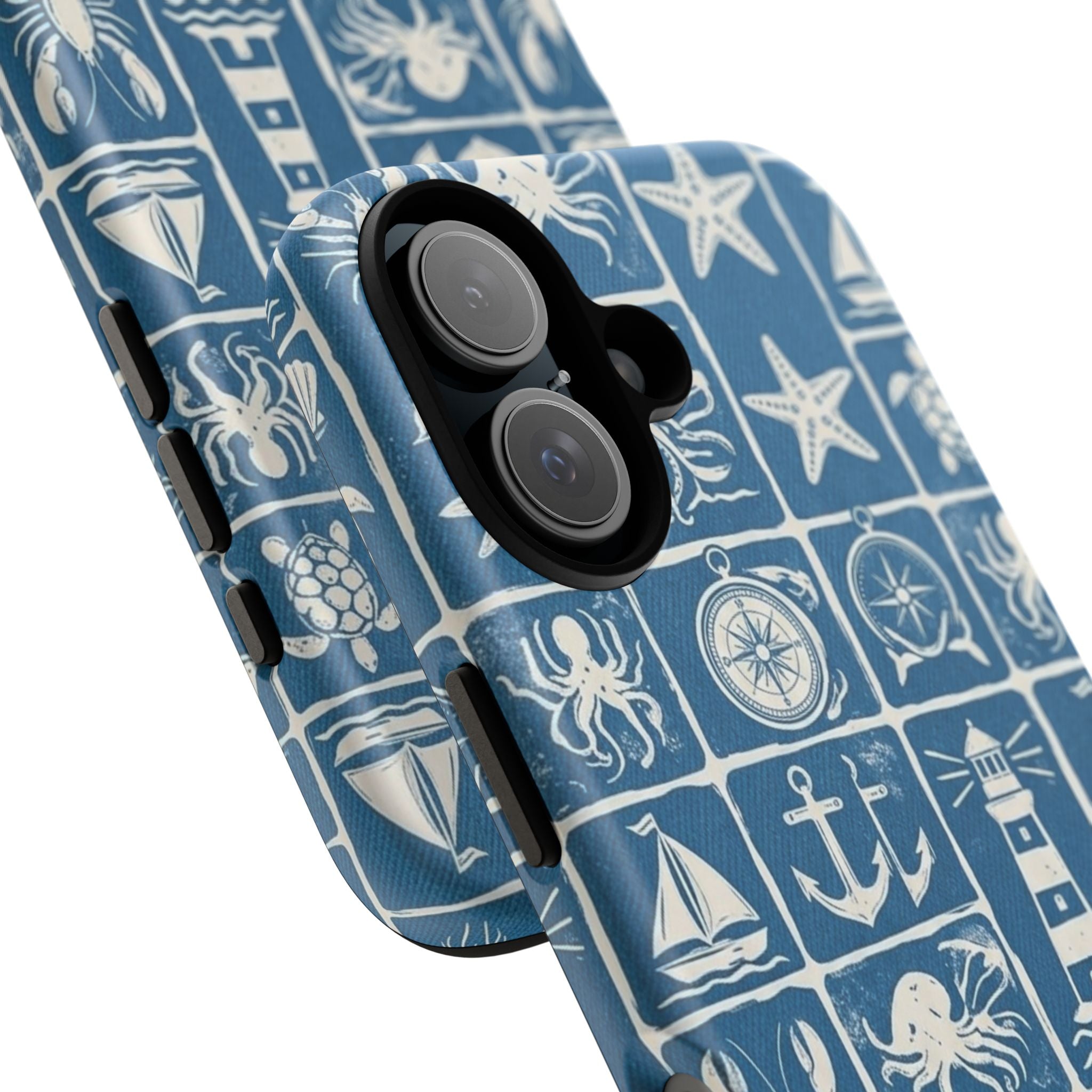 Nautical Tile Phone Case — Blue Coastal Icons (lighthouse, anchor, seashells)