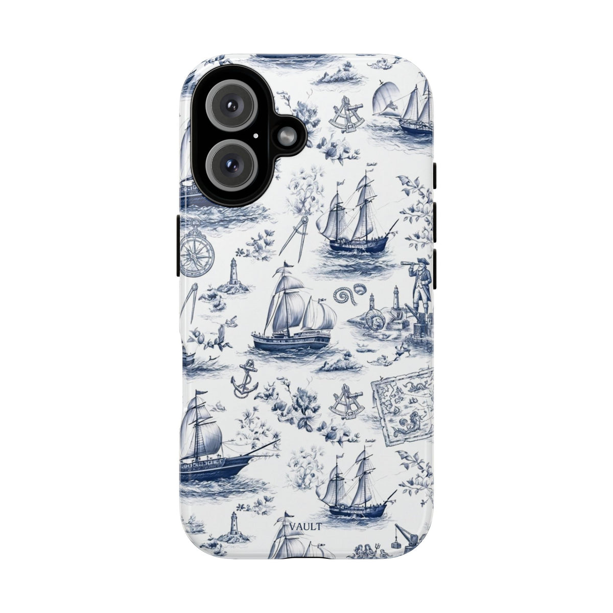 Nautical Vintage Ship Tough Phone Case — Blue Toile Sailboat Pattern