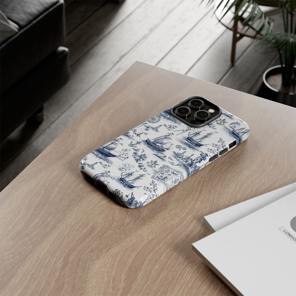 Nautical Vintage Ship Tough Phone Case — Blue Toile Sailboat Pattern