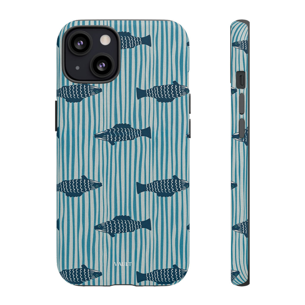 Fish Pattern Tough Phone Case — Blue Striped Ocean Design