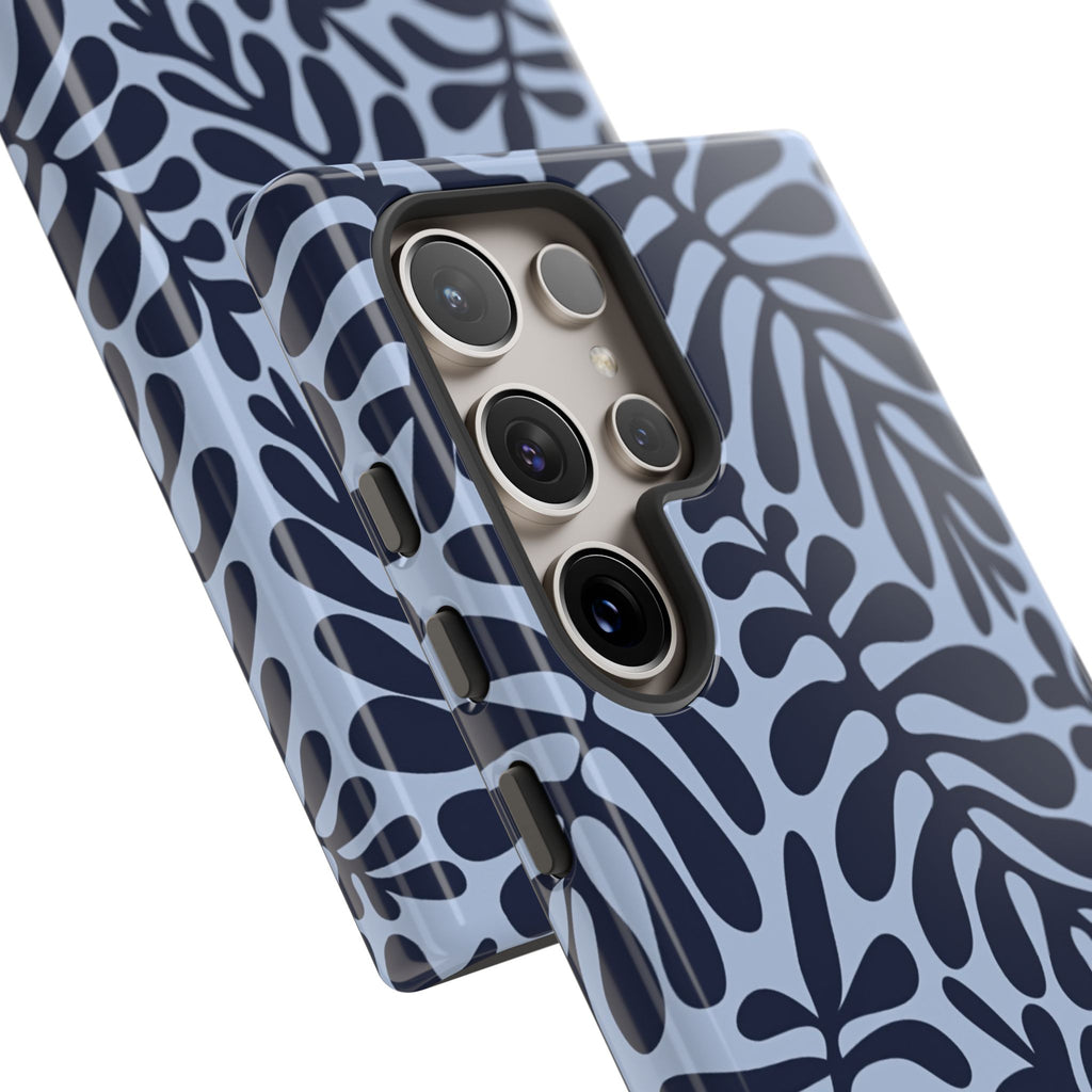Floral Fern Tough Phone Case – Navy Blue on Light Blue, Protective Slim Cover