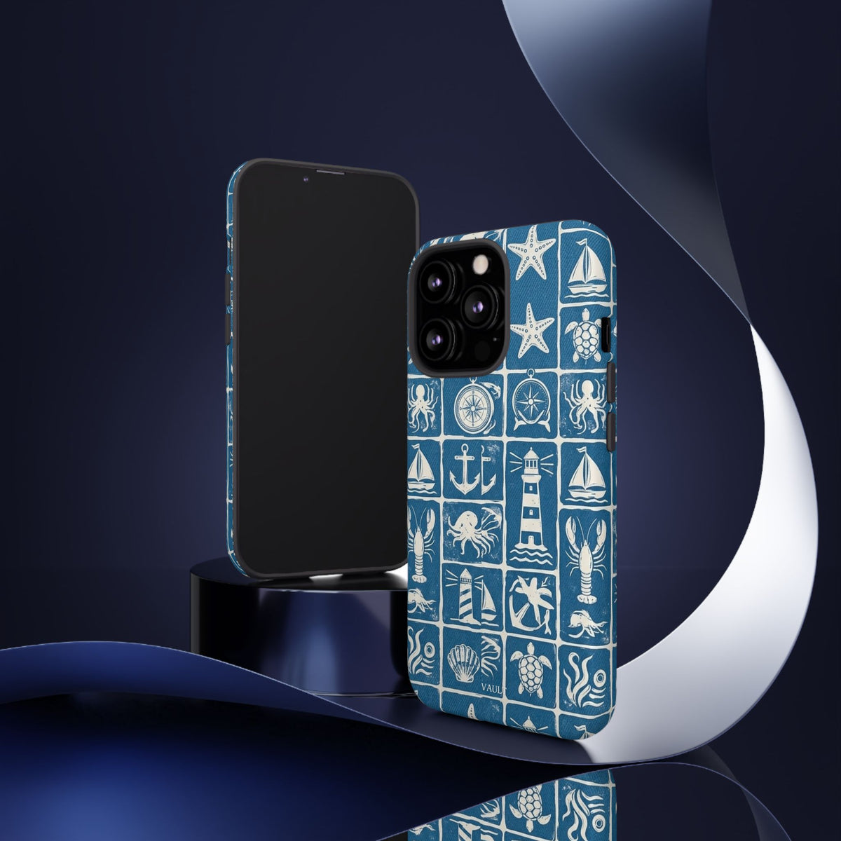 Nautical Tile Phone Case — Blue Coastal Icons (lighthouse, anchor, seashells)