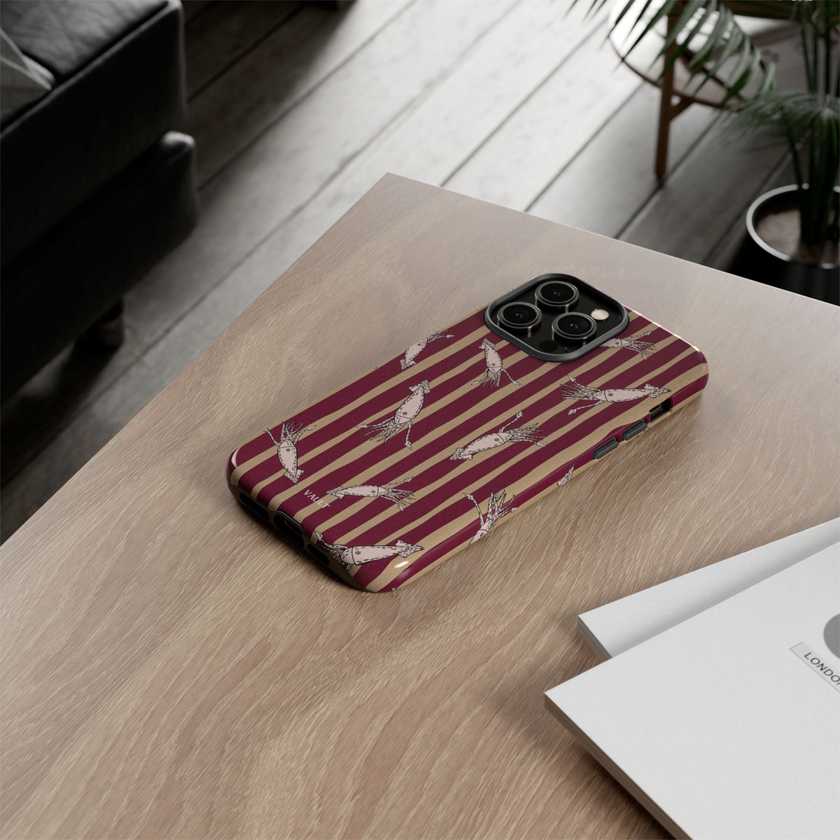 Phone Case - Vintage Shrimp Pattern on Burgundy Stripes