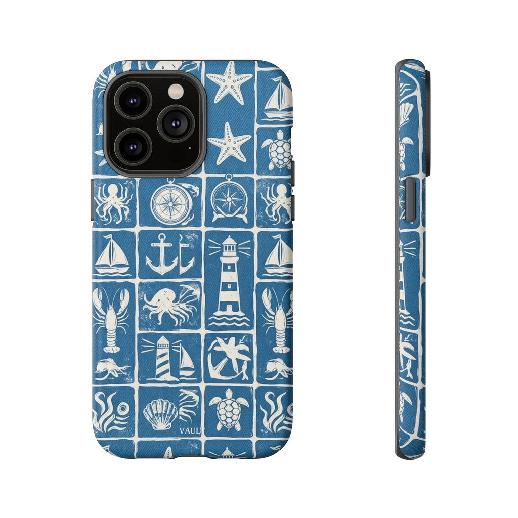 Nautical Tile Phone Case — Blue Coastal Icons (lighthouse, anchor, seashells)