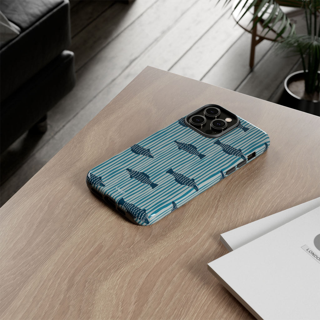 Fish Pattern Tough Phone Case — Blue Striped Ocean Design
