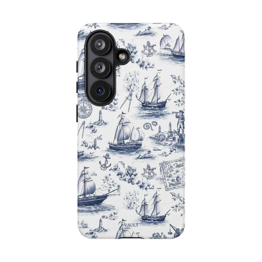 Nautical Vintage Ship Tough Phone Case — Blue Toile Sailboat Pattern