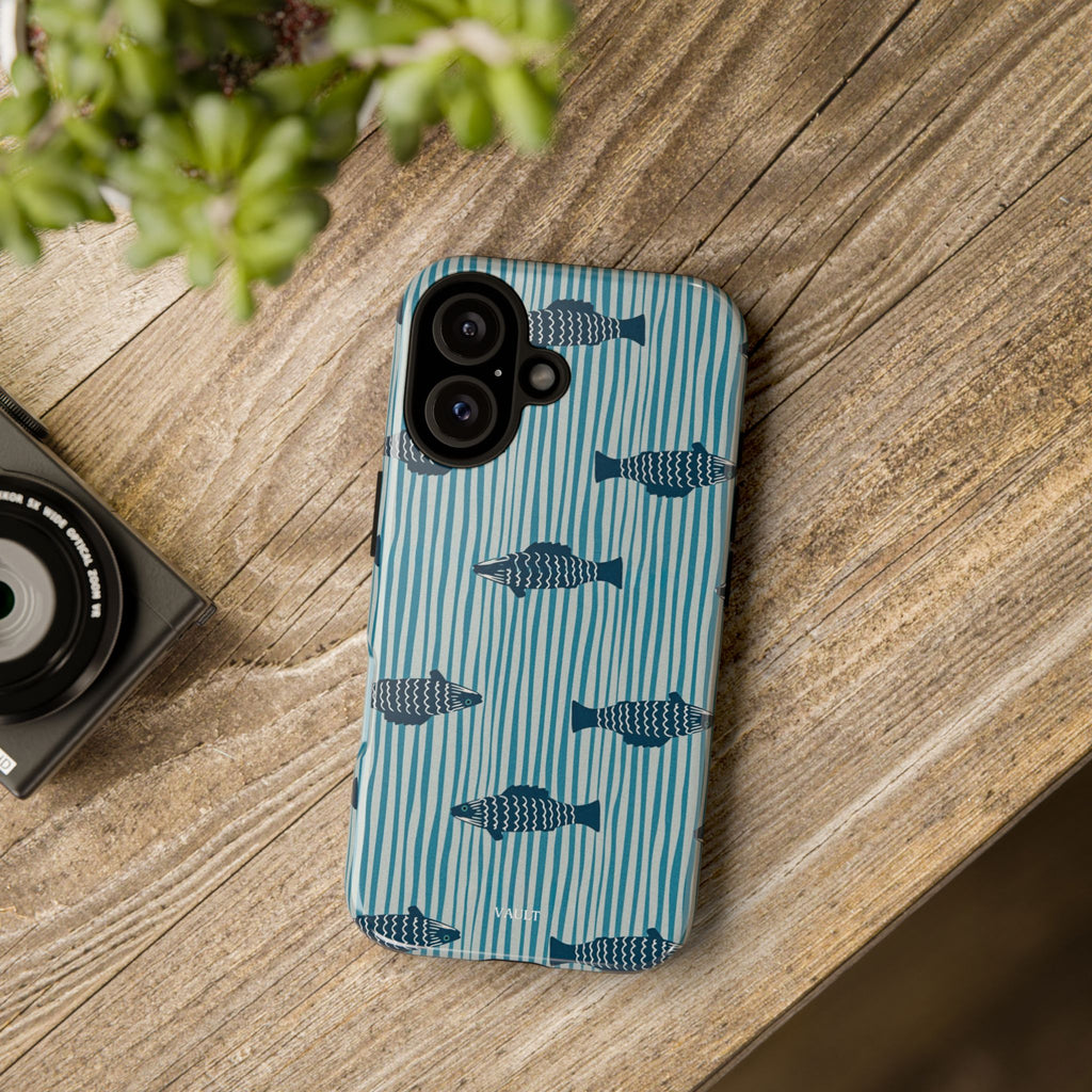 Fish Pattern Tough Phone Case — Blue Striped Ocean Design