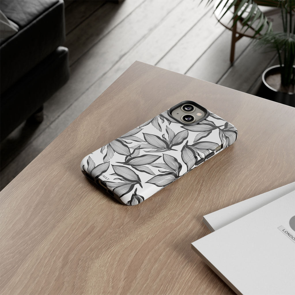 Floral Leaves Tough Phone Case – Black & White Botanical Protection