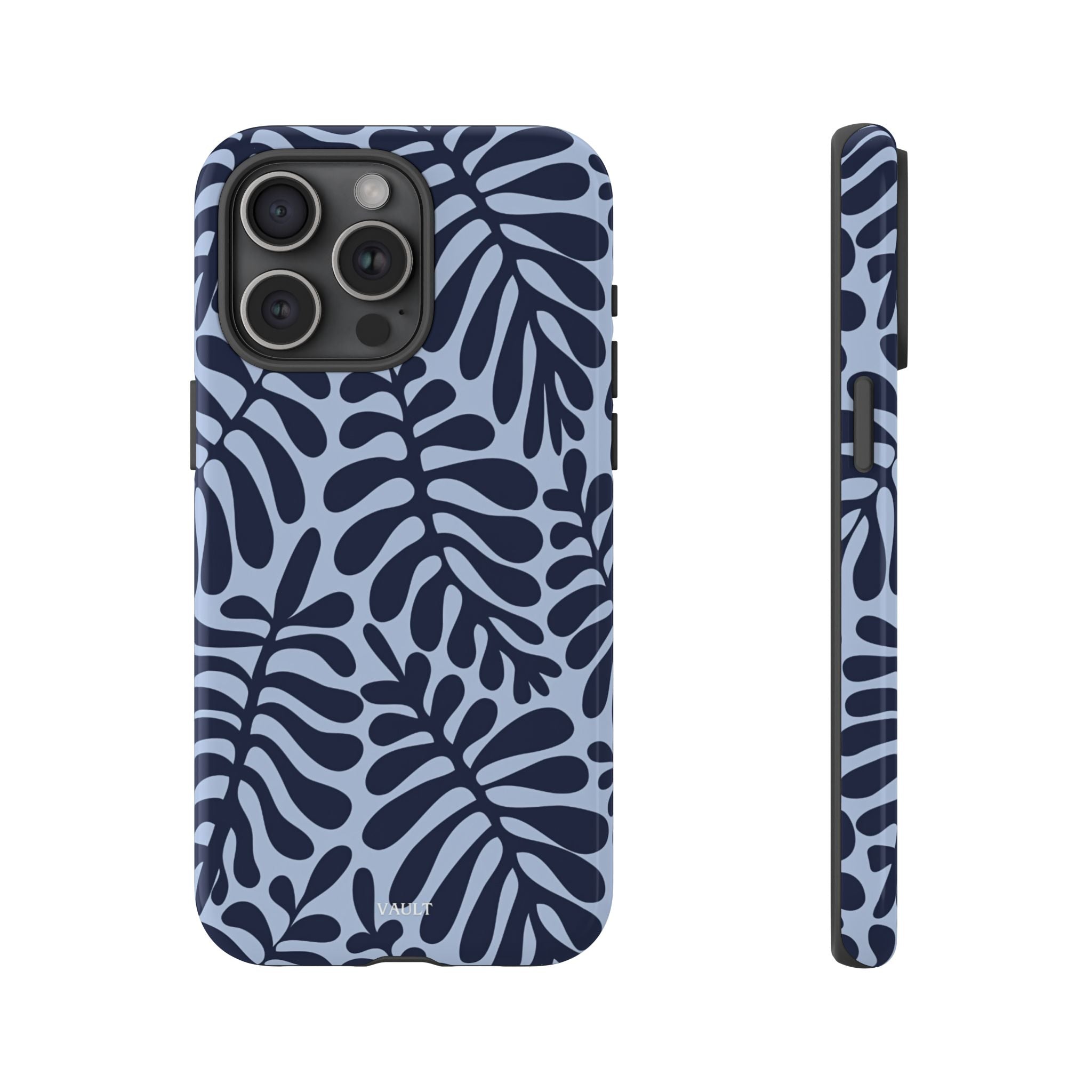 Floral Fern Tough Phone Case – Navy Blue on Light Blue, Protective Slim Cover