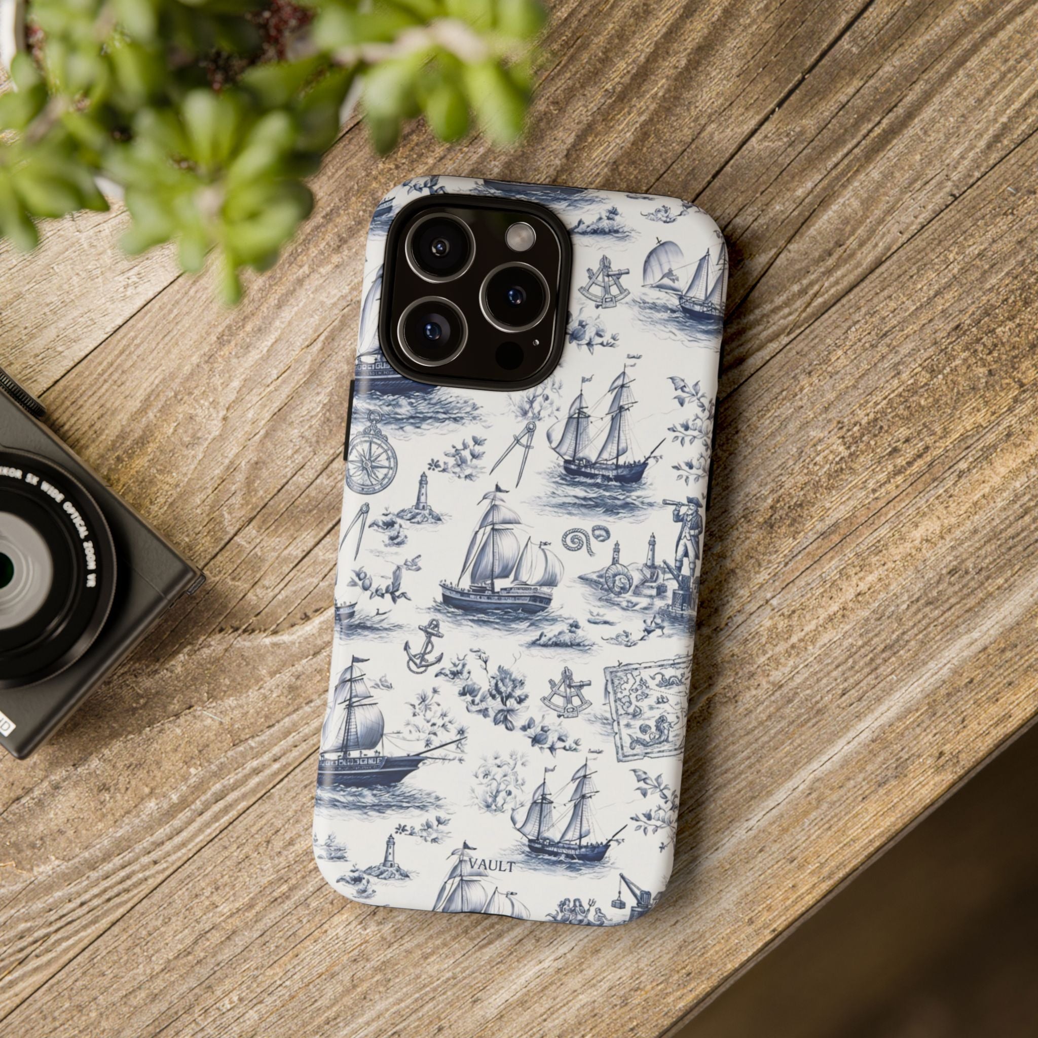 Nautical Vintage Ship Tough Phone Case — Blue Toile Sailboat Pattern