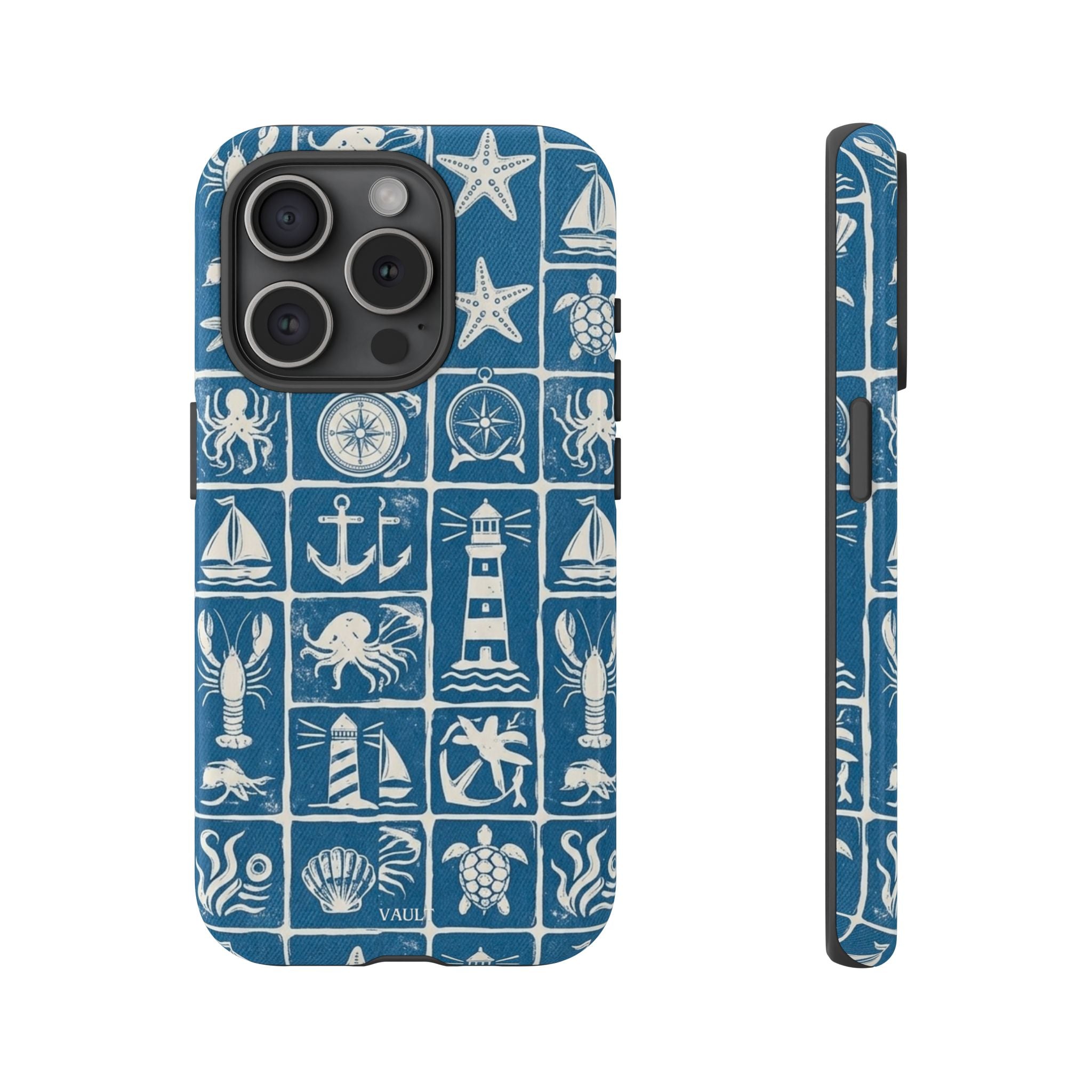 Nautical Tile Phone Case — Blue Coastal Icons (lighthouse, anchor, seashells)