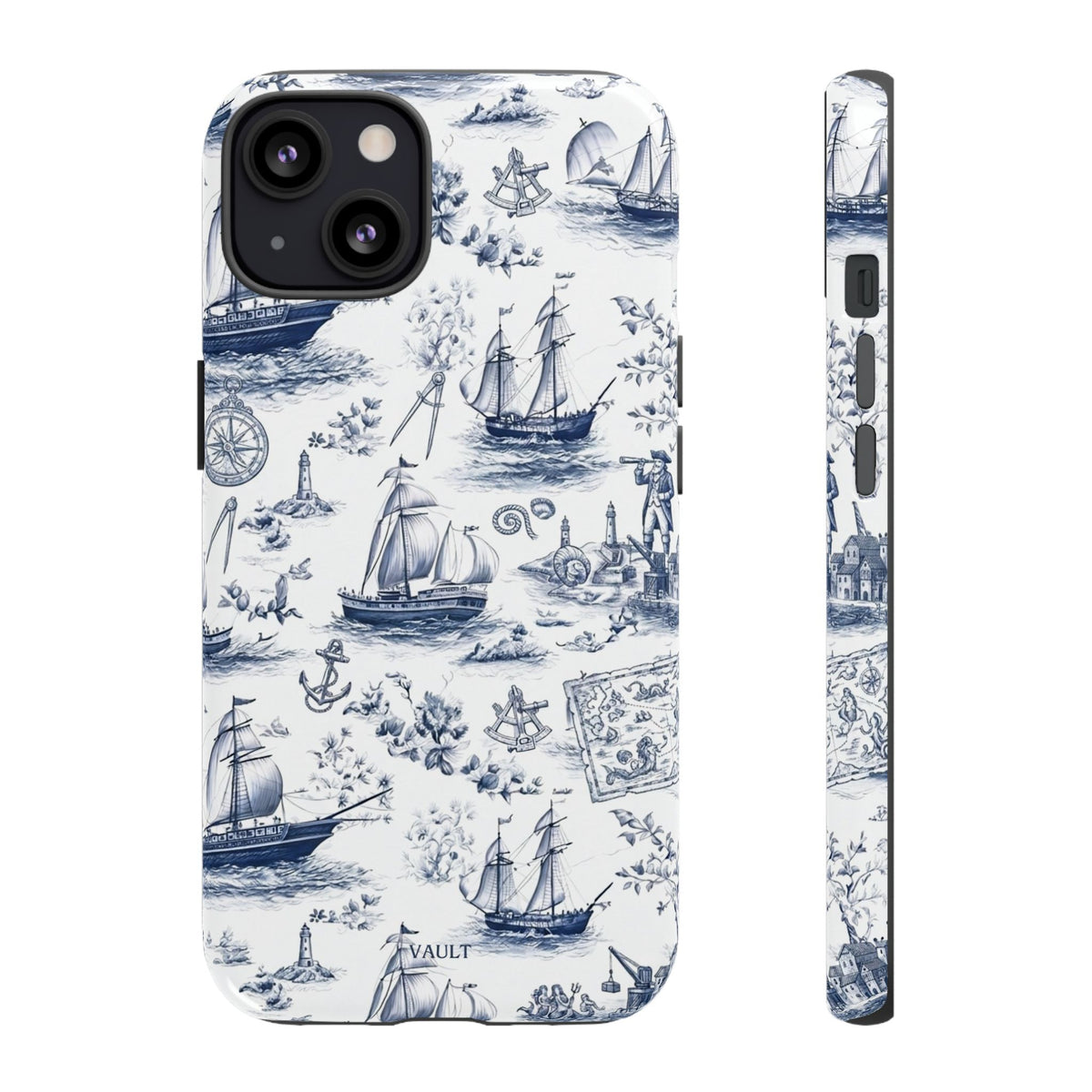 Nautical Vintage Ship Tough Phone Case — Blue Toile Sailboat Pattern