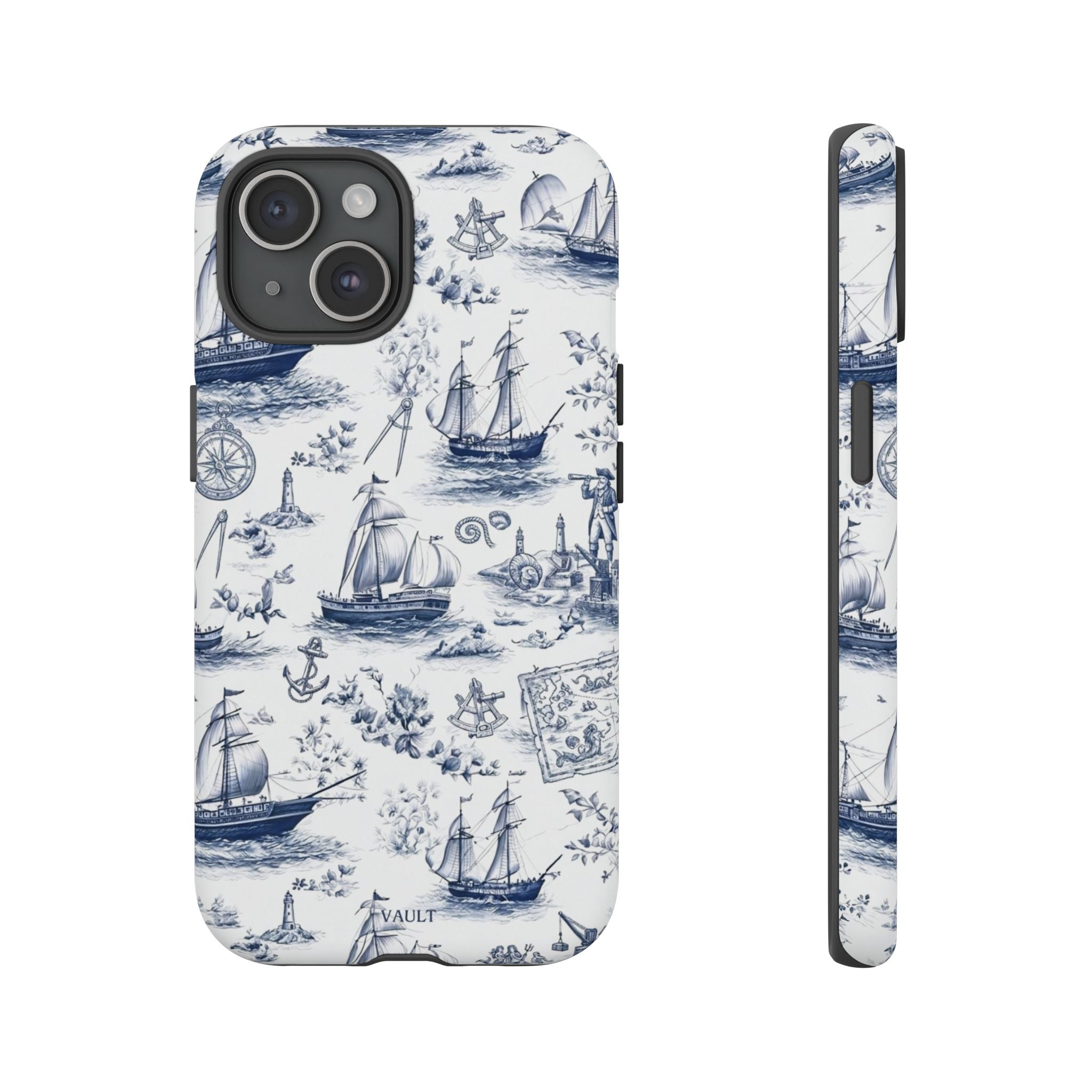 Nautical Vintage Ship Tough Phone Case — Blue Toile Sailboat Pattern