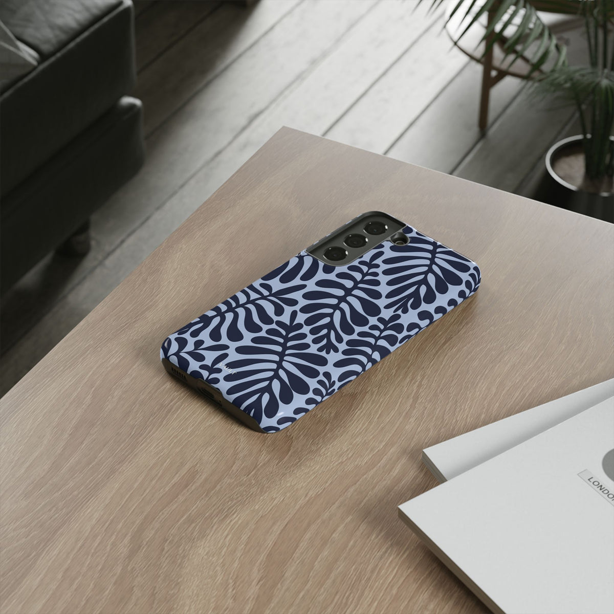 Floral Fern Tough Phone Case – Navy Blue on Light Blue, Protective Slim Cover