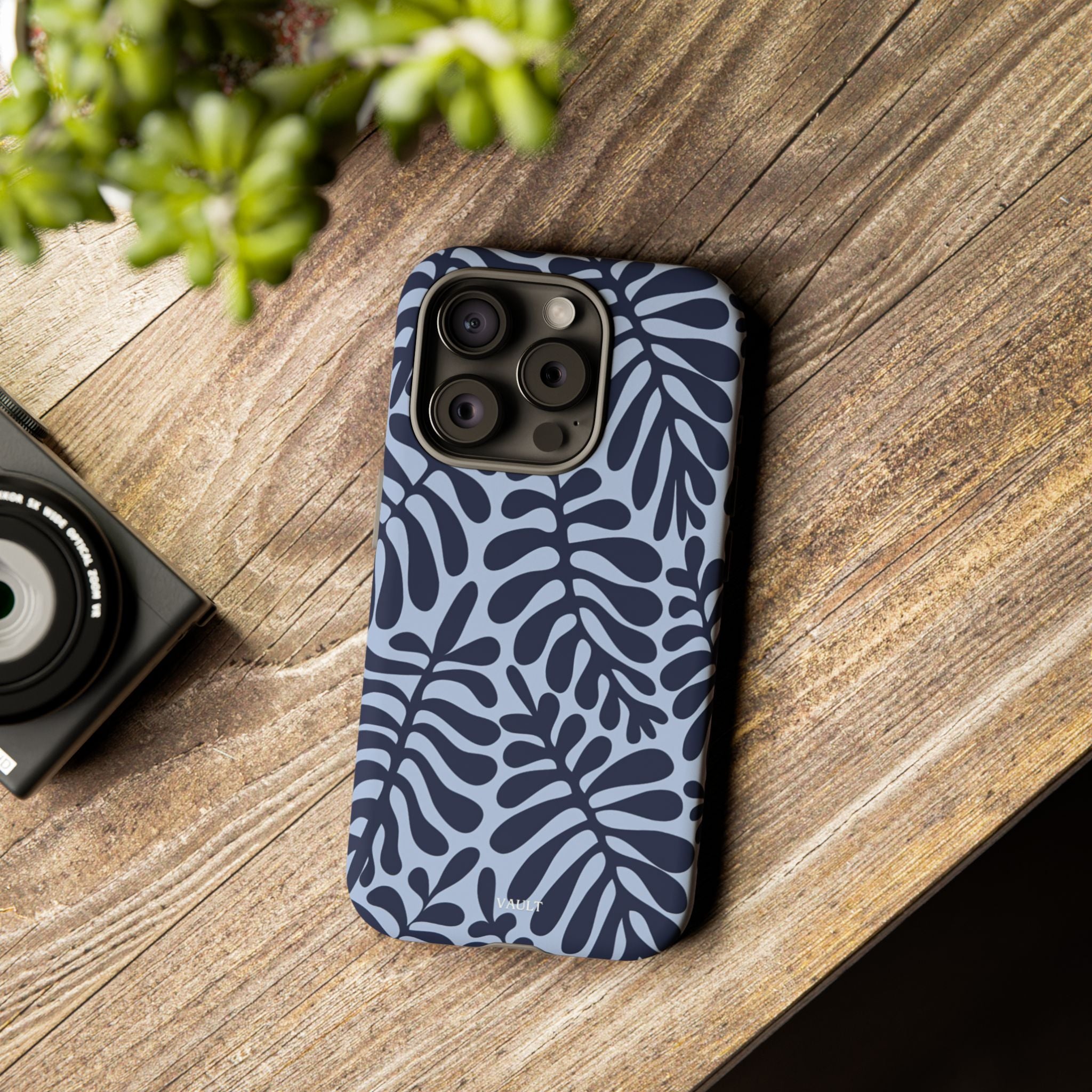 Floral Fern Tough Phone Case – Navy Blue on Light Blue, Protective Slim Cover