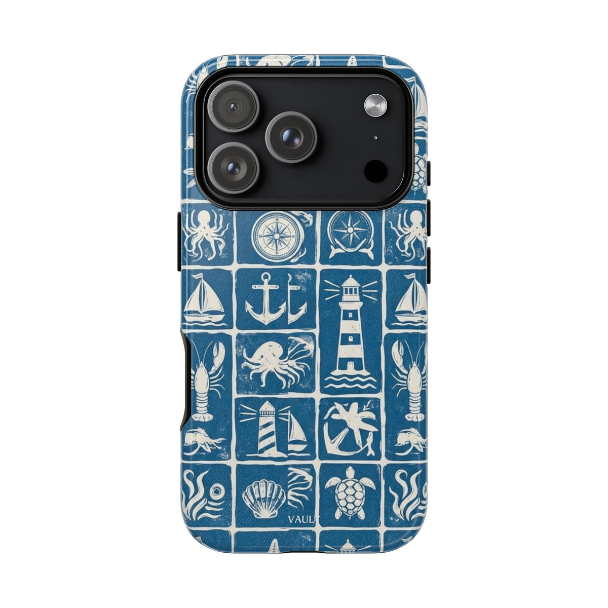 Nautical Tile Phone Case — Blue Coastal Icons (lighthouse, anchor, seashells)