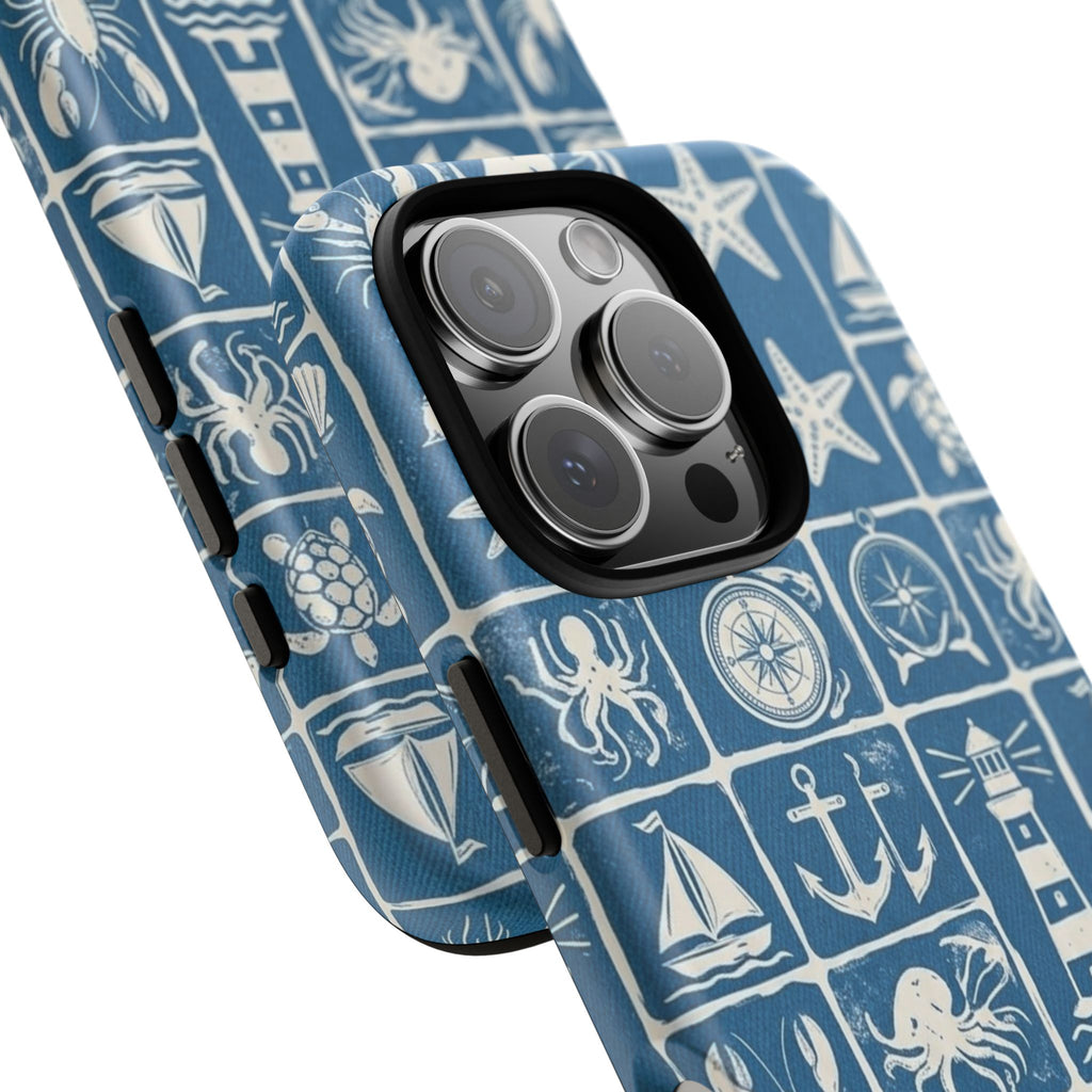 Nautical Tile Phone Case — Blue Coastal Icons (lighthouse, anchor, seashells)
