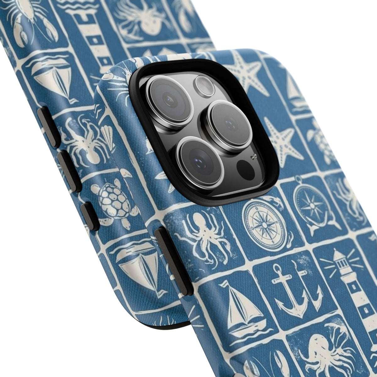 Nautical Tile Phone Case — Blue Coastal Icons (lighthouse, anchor, seashells)