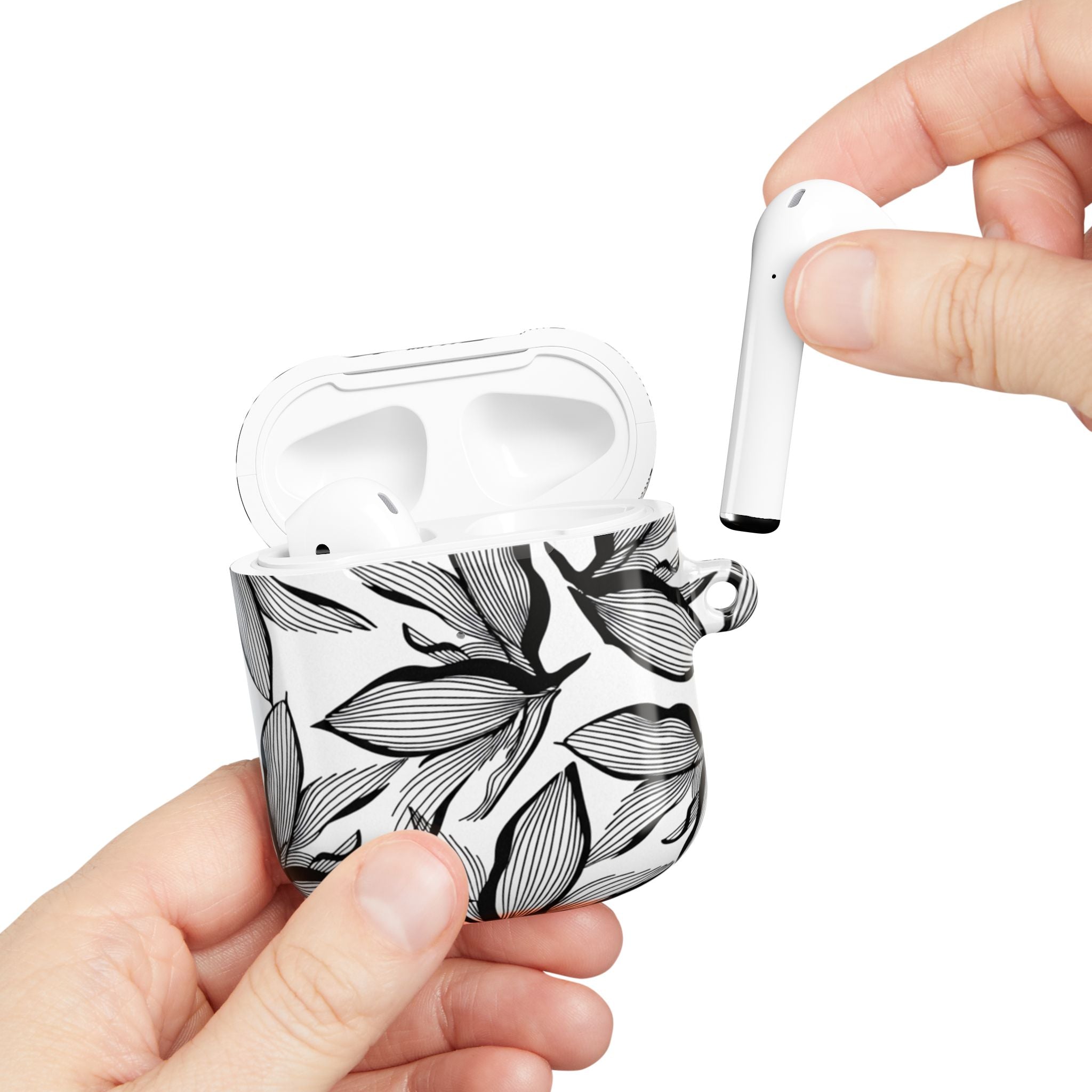 Floral Monochrome AirPod Case — Black & White Leaf Pattern