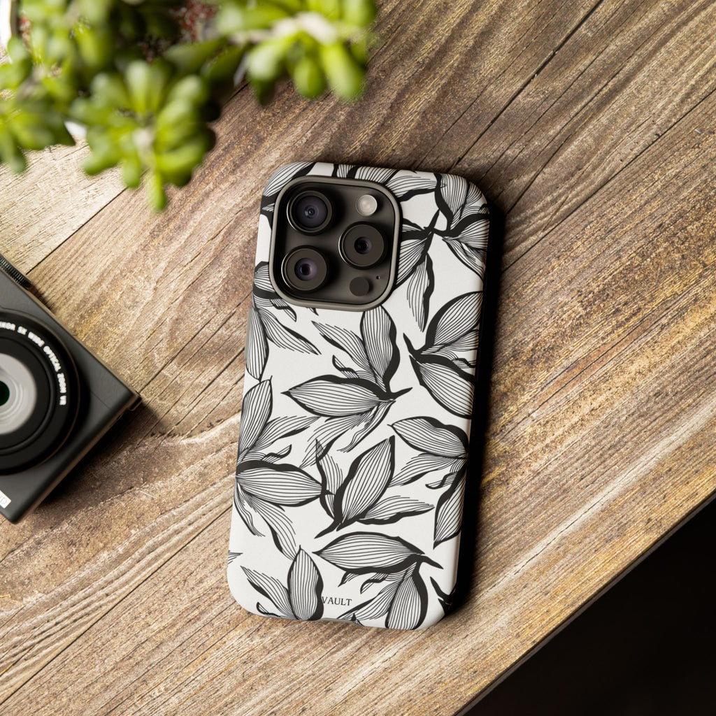 Floral Leaves Tough Phone Case – Black & White Botanical Protection