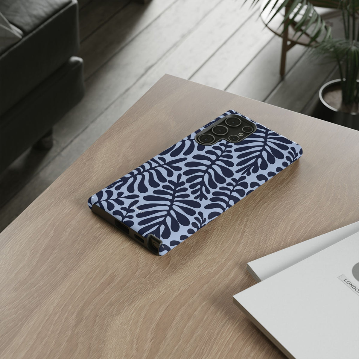 Floral Fern Tough Phone Case – Navy Blue on Light Blue, Protective Slim Cover