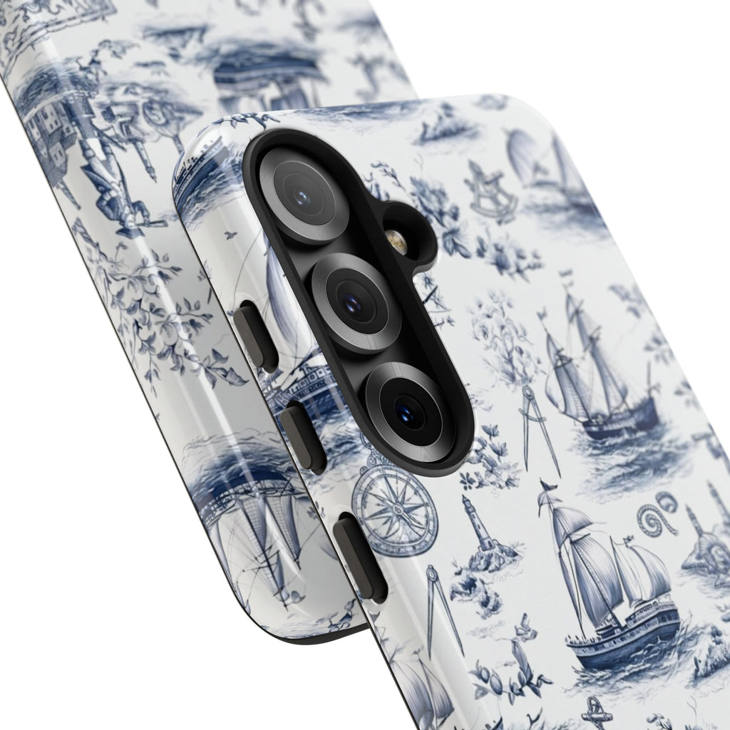 Nautical Vintage Ship Tough Phone Case — Blue Toile Sailboat Pattern