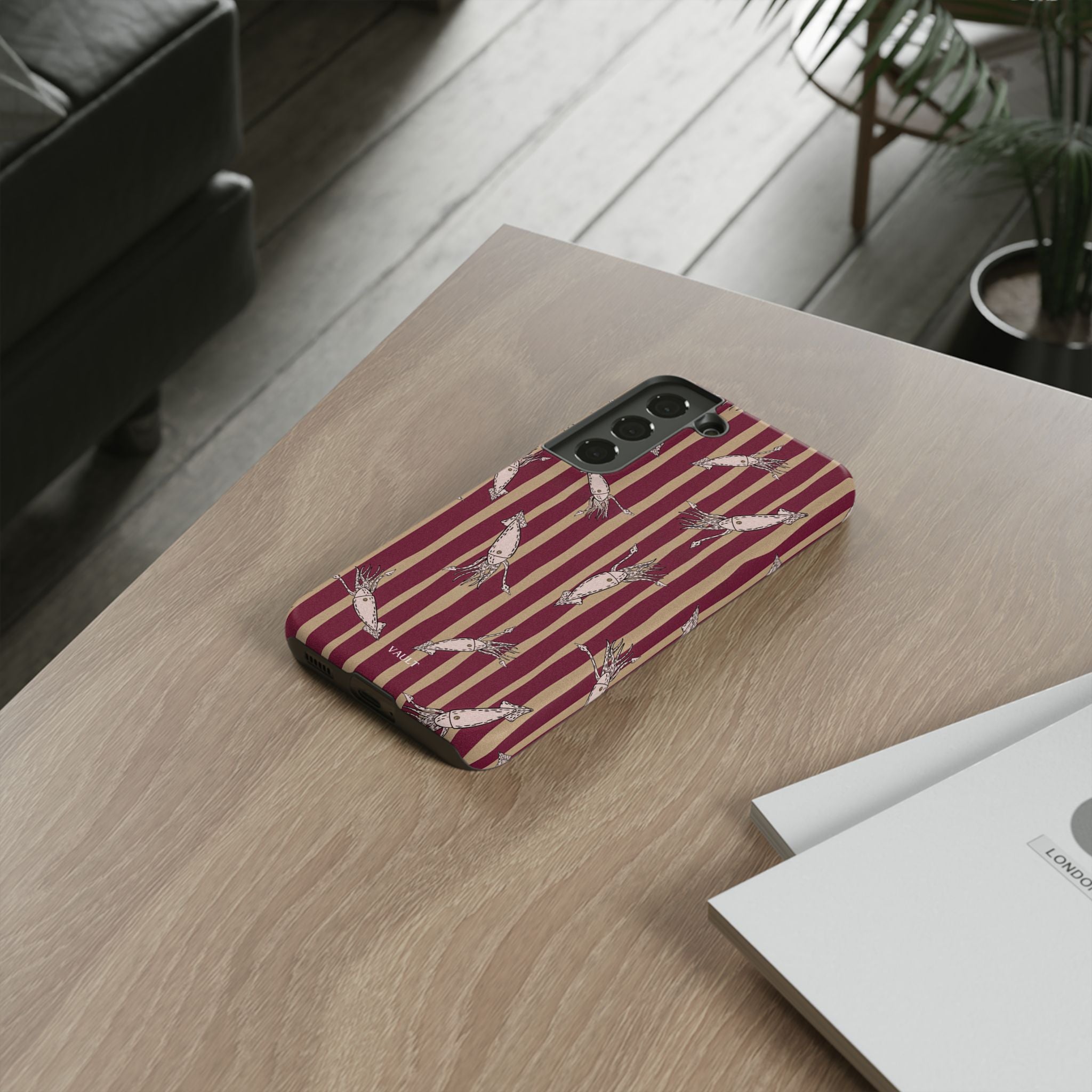 Phone Case - Vintage Shrimp Pattern on Burgundy Stripes