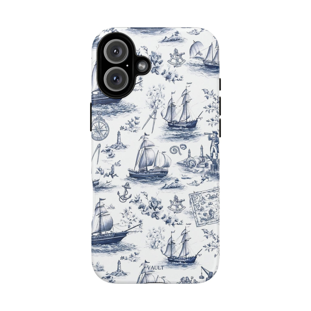 Nautical Vintage Ship Tough Phone Case — Blue Toile Sailboat Pattern