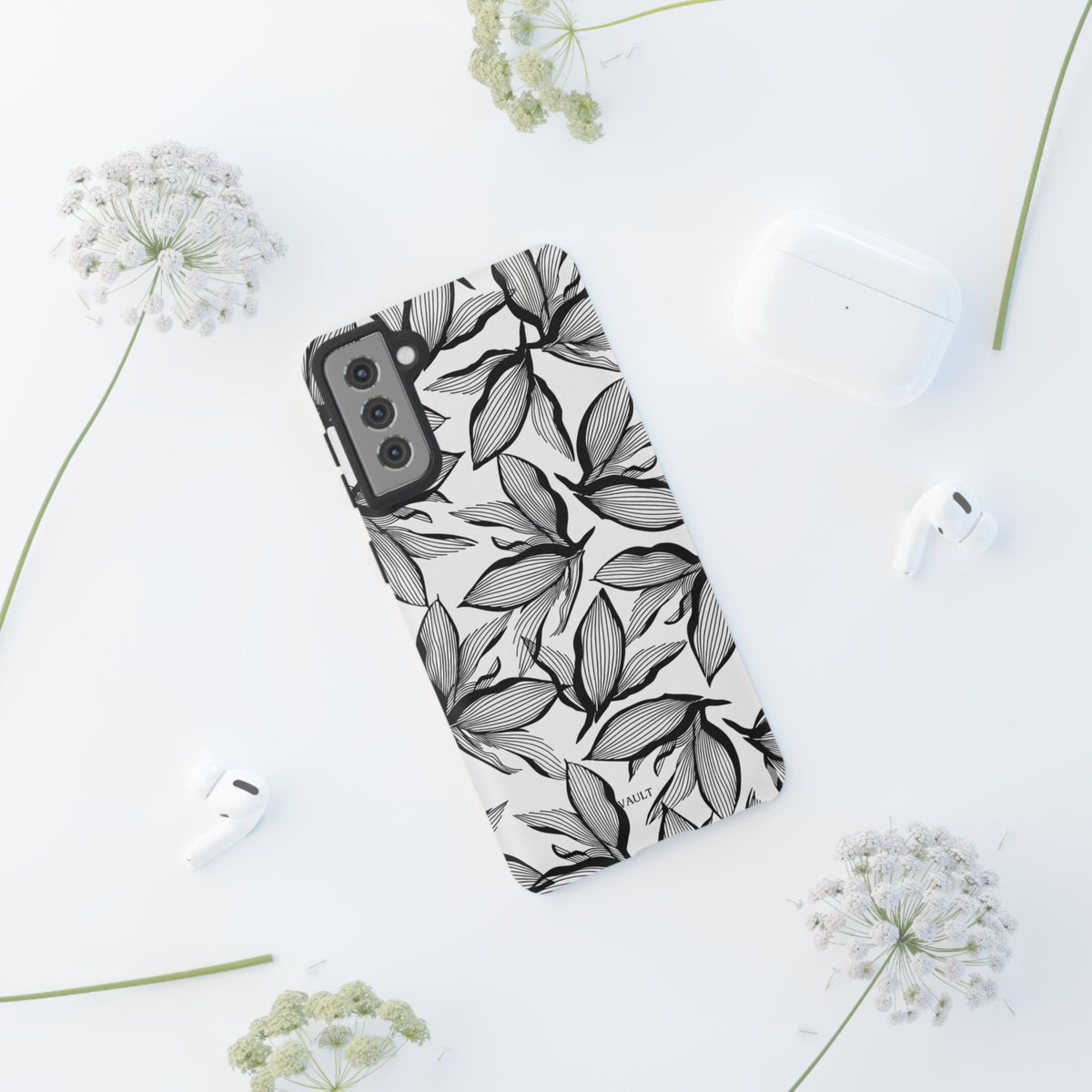 Floral Leaves Tough Phone Case – Black & White Botanical Protection