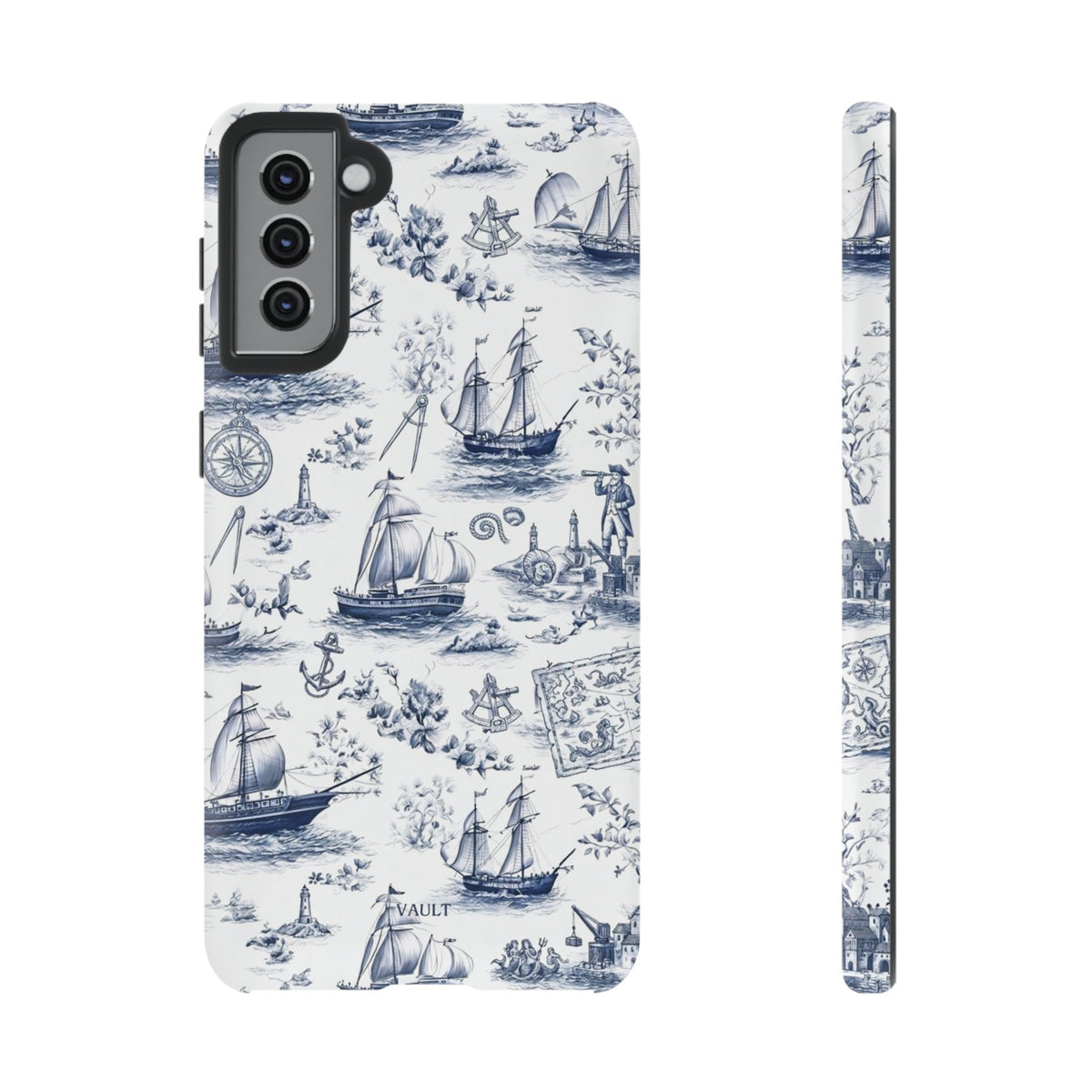Nautical Vintage Ship Tough Phone Case — Blue Toile Sailboat Pattern