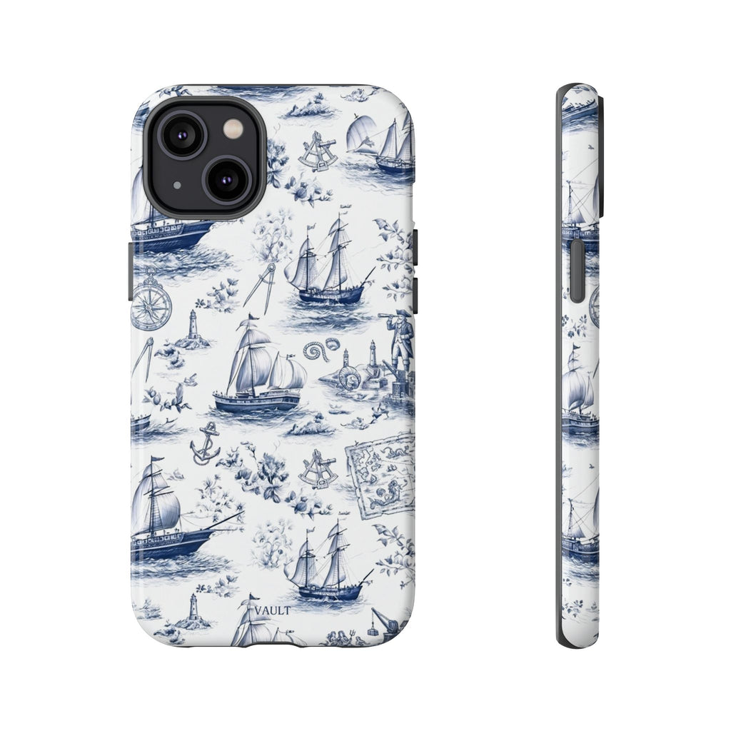 Nautical Vintage Ship Tough Phone Case — Blue Toile Sailboat Pattern
