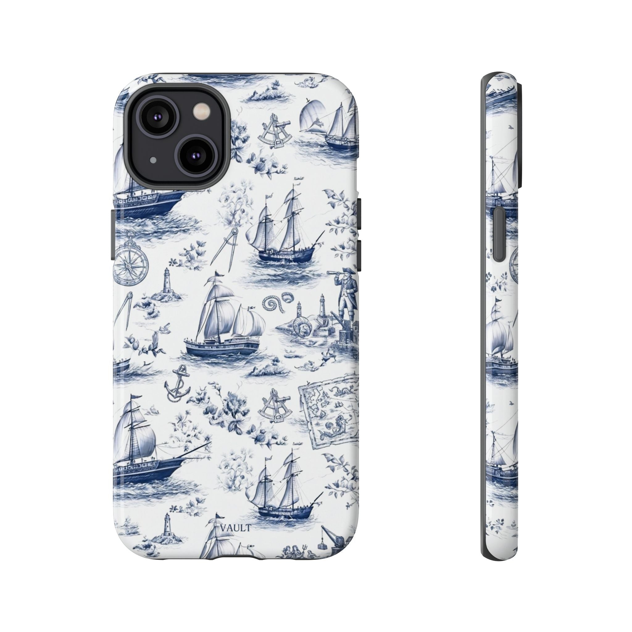 Nautical Vintage Ship Tough Phone Case — Blue Toile Sailboat Pattern
