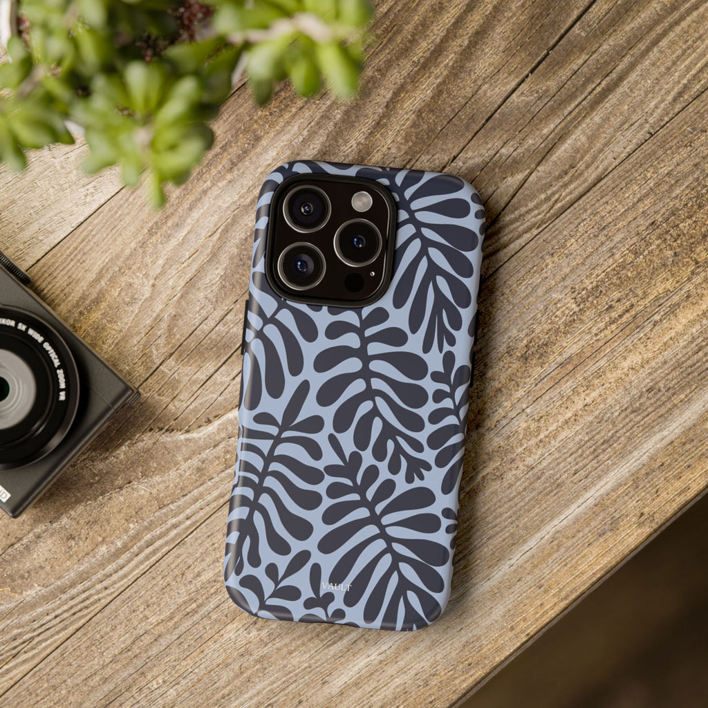 Floral Fern Tough Phone Case – Navy Blue on Light Blue, Protective Slim Cover