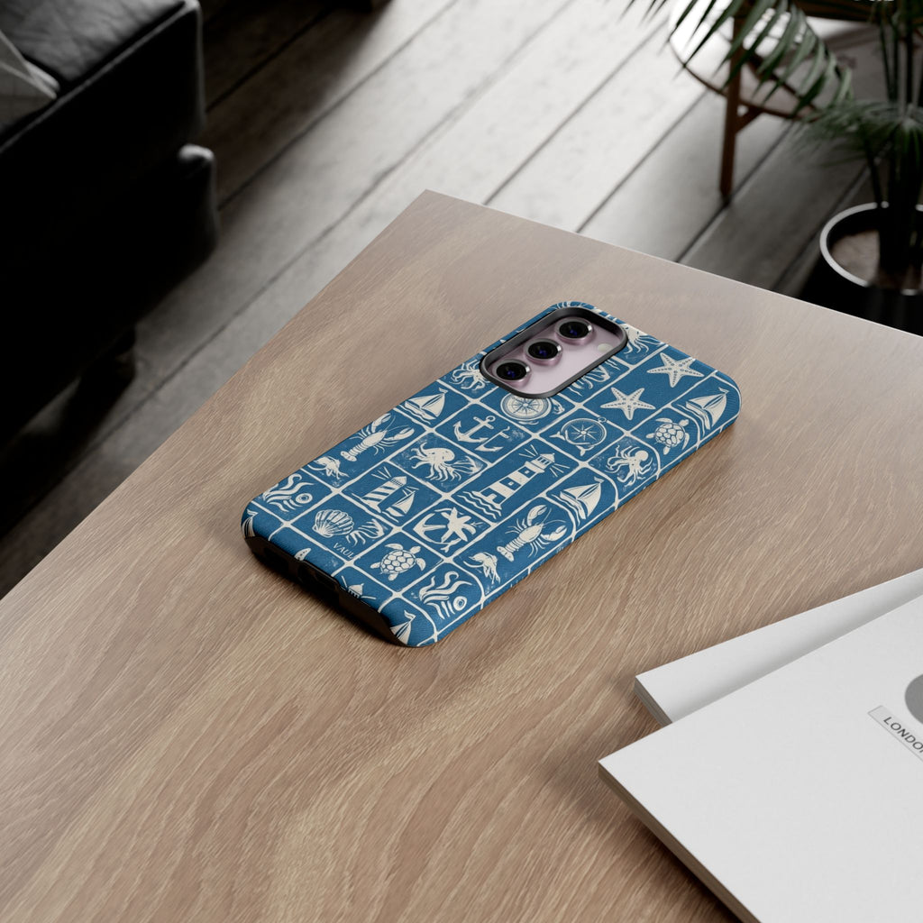Nautical Tile Phone Case — Blue Coastal Icons (lighthouse, anchor, seashells)