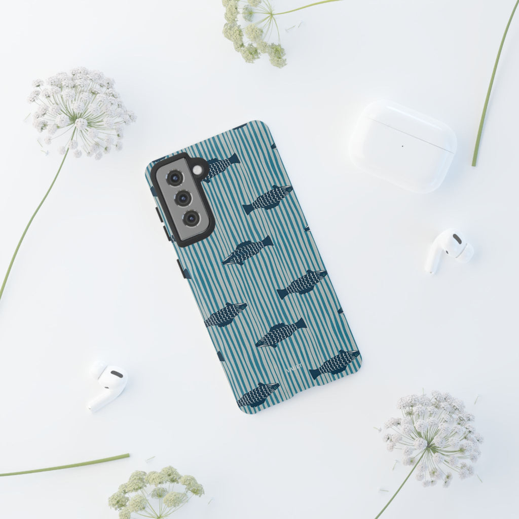 Fish Pattern Tough Phone Case — Blue Striped Ocean Design