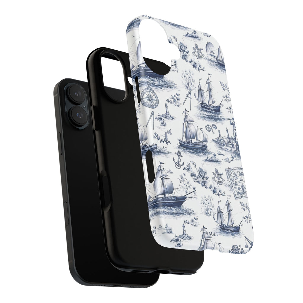 Nautical Vintage Ship Tough Phone Case — Blue Toile Sailboat Pattern