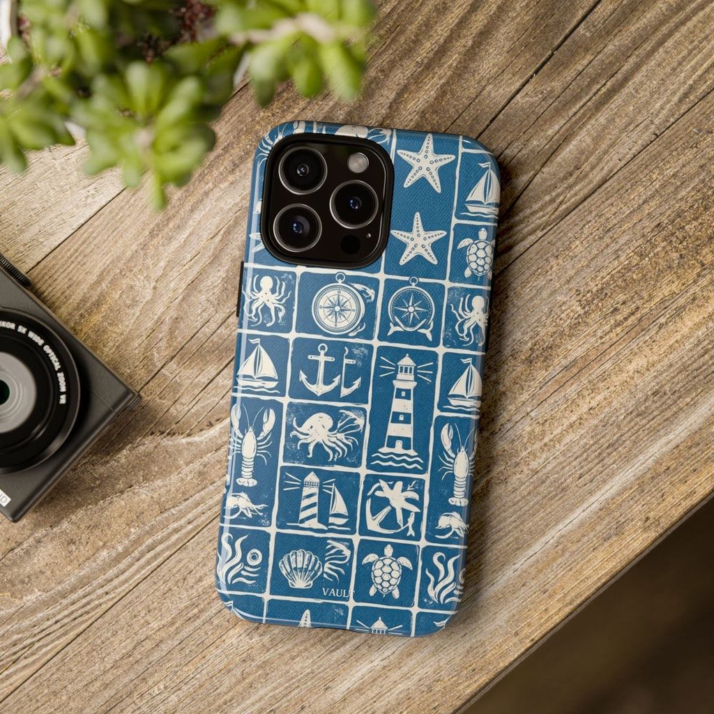 Nautical Tile Phone Case — Blue Coastal Icons (lighthouse, anchor, seashells)