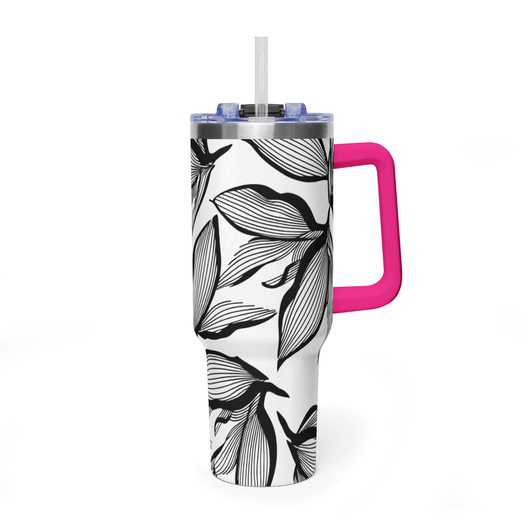 40oz Floral Thermal Tumbler – Black & White Leaf Pattern Vacuum Insulated