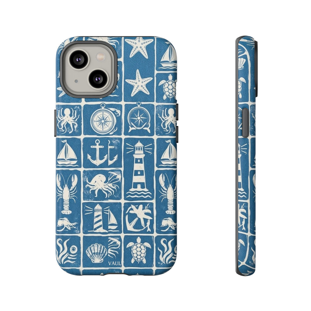 Nautical Tile Phone Case — Blue Coastal Icons (lighthouse, anchor, seashells)