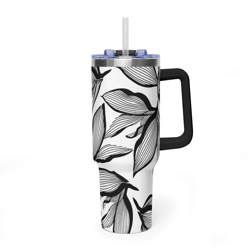 40oz Floral Thermal Tumbler – Black & White Leaf Pattern Vacuum Insulated