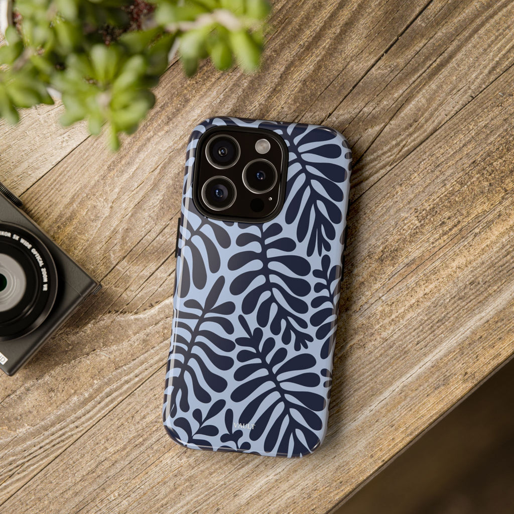 Floral Fern Tough Phone Case – Navy Blue on Light Blue, Protective Slim Cover