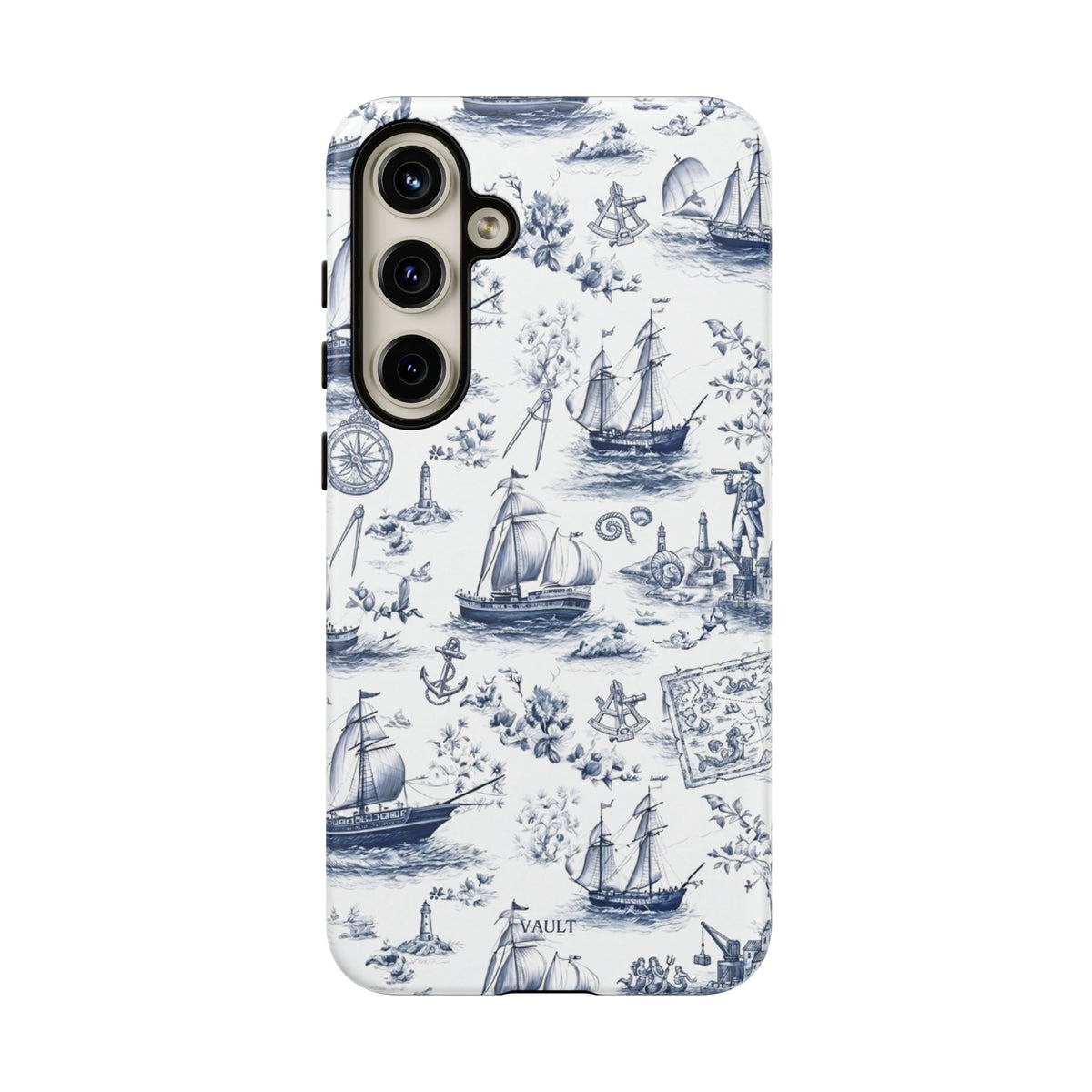 Nautical Vintage Ship Tough Phone Case — Blue Toile Sailboat Pattern