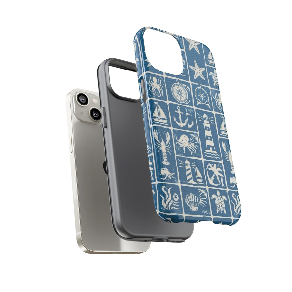Nautical Tile Phone Case — Blue Coastal Icons (lighthouse, anchor, seashells)