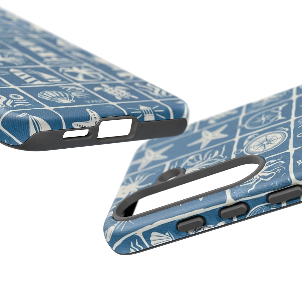 Nautical Tile Phone Case — Blue Coastal Icons (lighthouse, anchor, seashells)