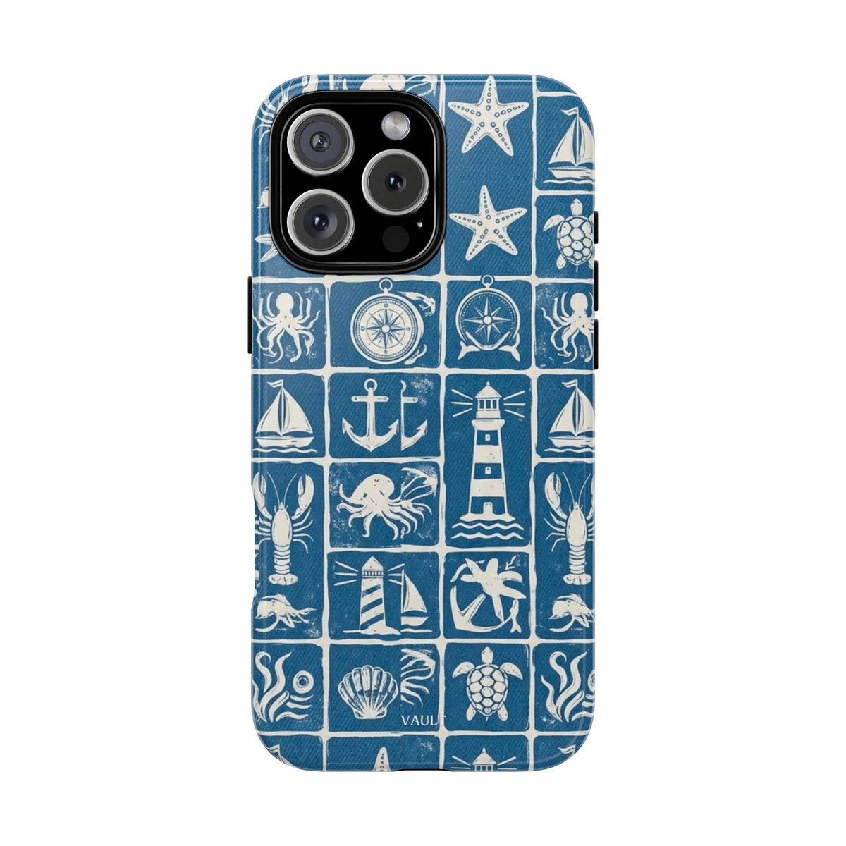 Nautical Tile Phone Case — Blue Coastal Icons (lighthouse, anchor, seashells)