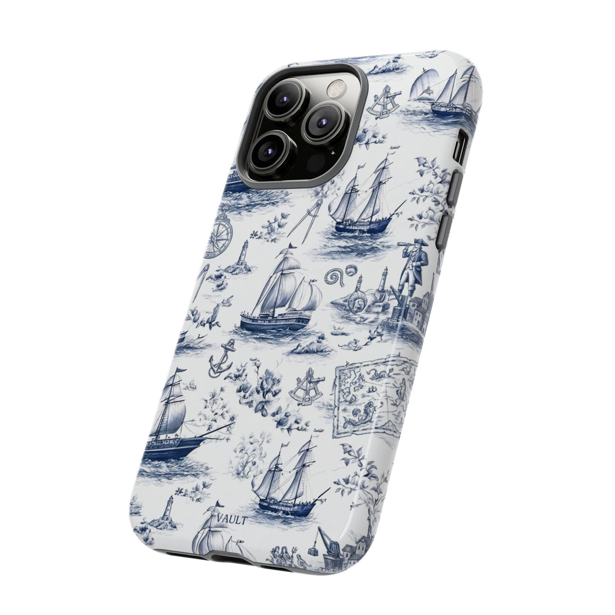 Nautical Vintage Ship Tough Phone Case — Blue Toile Sailboat Pattern