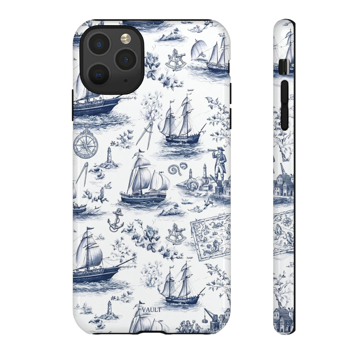 Nautical Vintage Ship Tough Phone Case — Blue Toile Sailboat Pattern