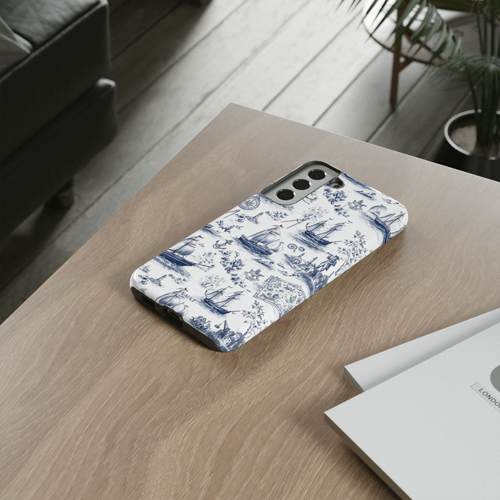 Nautical Vintage Ship Tough Phone Case — Blue Toile Sailboat Pattern