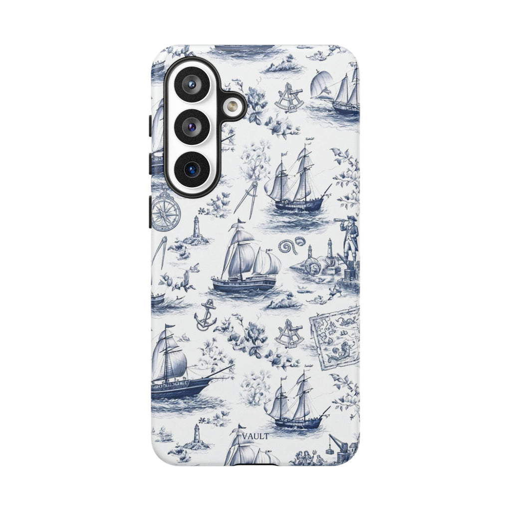 Nautical Vintage Ship Tough Phone Case — Blue Toile Sailboat Pattern