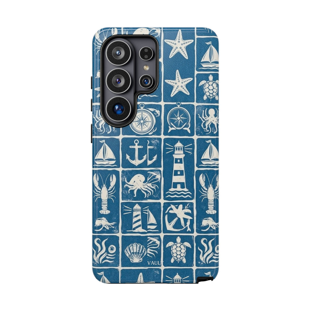 Nautical Tile Phone Case — Blue Coastal Icons (lighthouse, anchor, seashells)